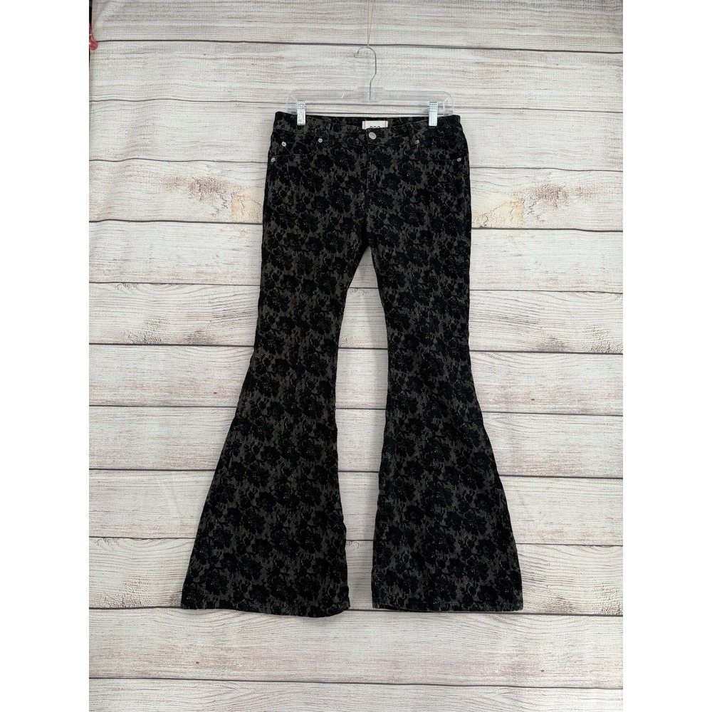 BDG Extreme Flare Pants Women 27 Black Floral Corduroy Bell Bottom Low Rise